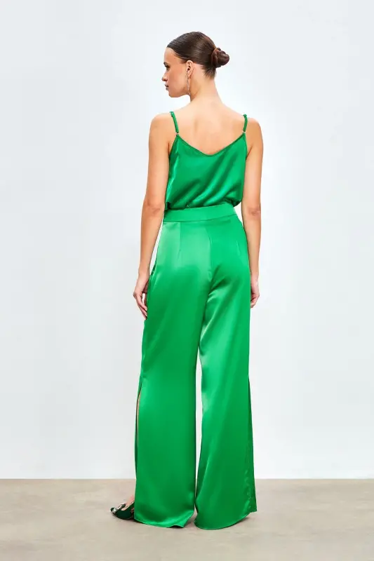 Slit Detailed Satin Pants - Green-GREEN - 7