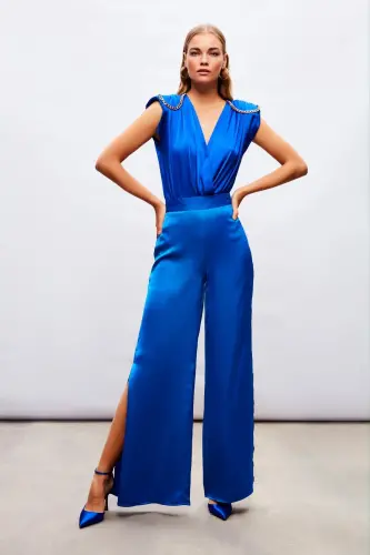 Slit Detailed Satin Pants - SAX BLUE-SAX BLUE 