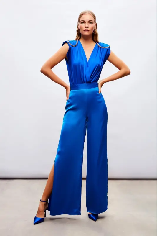 Slit Detailed Satin Pants - SAX BLUE-SAX BLUE - SATEEN