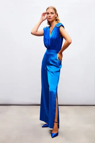 Slit Detailed Satin Pants - SAX BLUE-SAX BLUE - 3