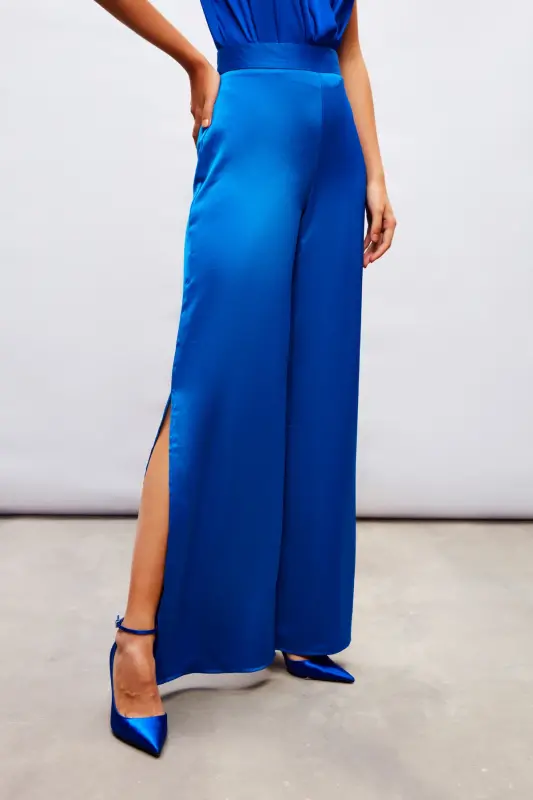 Slit Detailed Satin Pants - SAX BLUE-SAX BLUE - 5