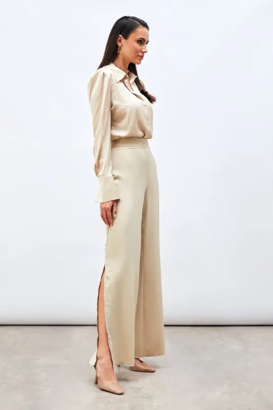 Slit Detailed Satin Trousers - BEIGE-BEIGE - 1
