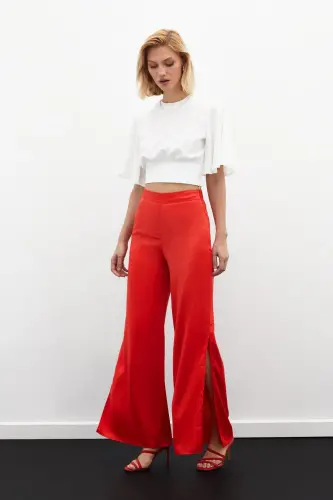 Slit Detailed Satin Trousers - CORAL-CORAL 