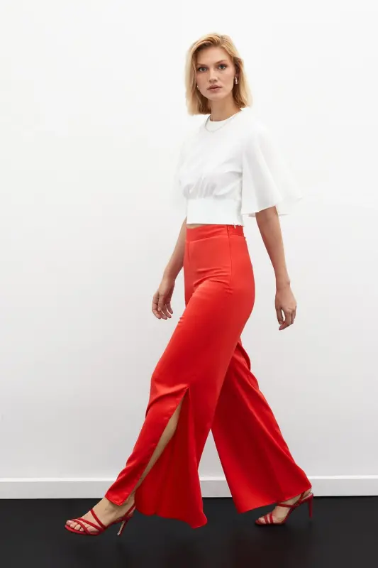 Slit Detailed Satin Trousers - CORAL-CORAL - 2