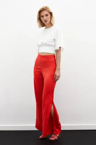 Slit Detailed Satin Trousers - CORAL-CORAL - 3