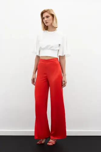 Slit Detailed Satin Trousers - CORAL-CORAL - 5