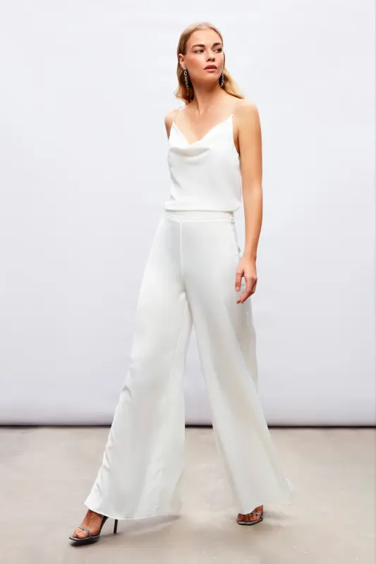 Slit Detailed Satin Trousers - ECRU-ECRU - 3