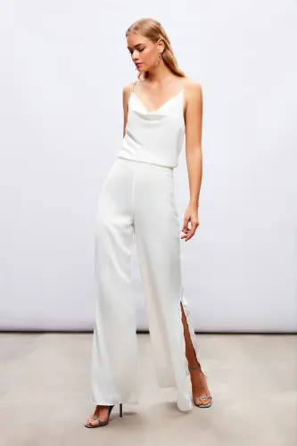 Slit Detailed Satin Trousers - ECRU-ECRU - 4