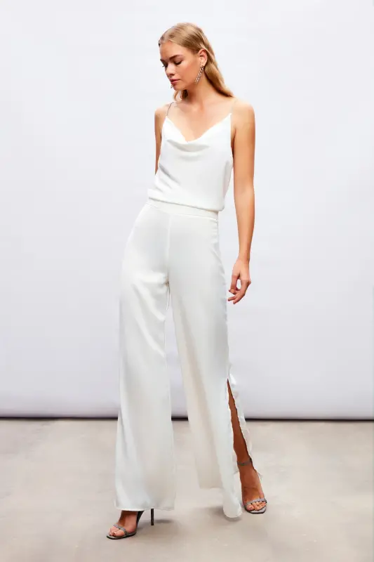 Slit Detailed Satin Trousers - ECRU-ECRU - 4