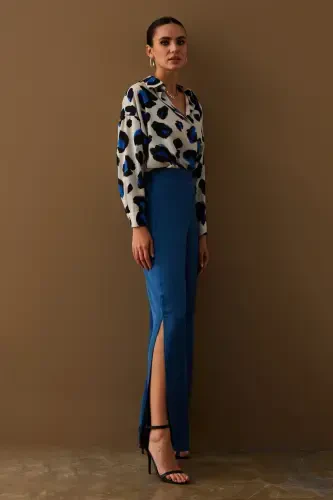 Slit Detailed Satin Trousers - Indigo-INDIGO - 1