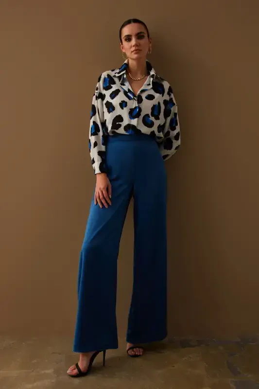 Slit Detailed Satin Trousers - Indigo-INDIGO - 2