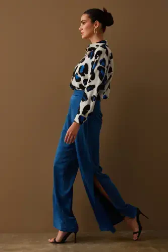 Slit Detailed Satin Trousers - Indigo-INDIGO - 3