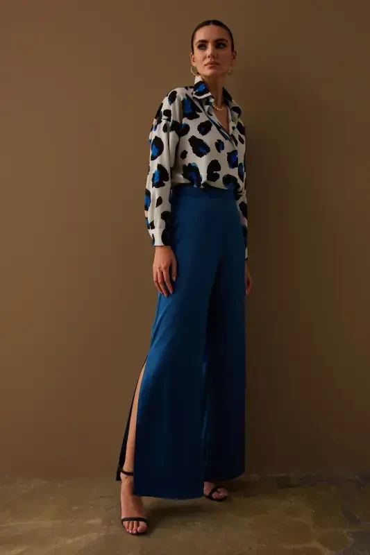 Slit Detailed Satin Trousers - Indigo-INDIGO - 4