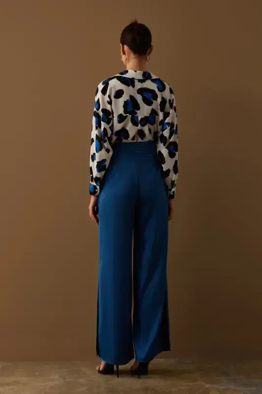 Slit Detailed Satin Trousers - Indigo-INDIGO - 8