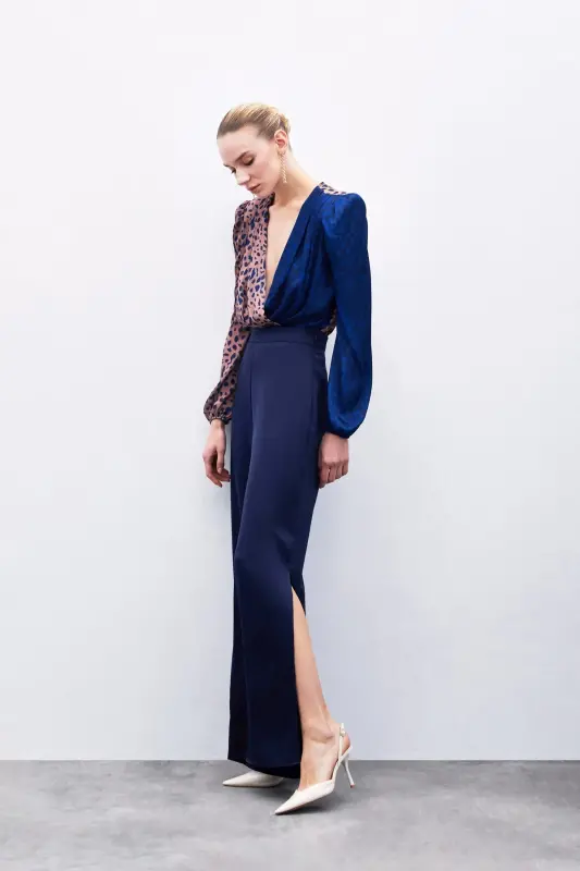 Slit Detailed Satin Trousers - Navy Blue-Navy Blue - 1