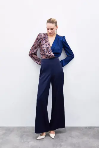 Slit Detailed Satin Trousers - Navy Blue-Navy Blue - 3