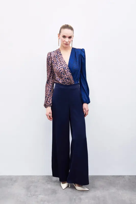Slit Detailed Satin Trousers - Navy Blue-Navy Blue - 4
