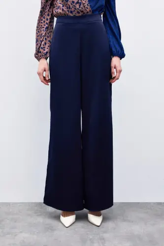 Slit Detailed Satin Trousers - Navy Blue-Navy Blue - 6