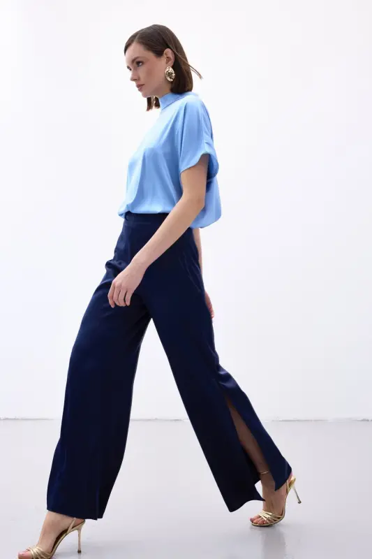 Slit Detailed Satin Trousers - Navy Blue-Navy Blue - SATEEN