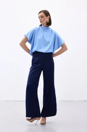 Slit Detailed Satin Trousers - Navy Blue-Navy Blue - 3