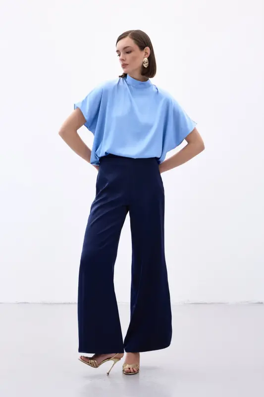 Slit Detailed Satin Trousers - Navy Blue-Navy Blue - 3