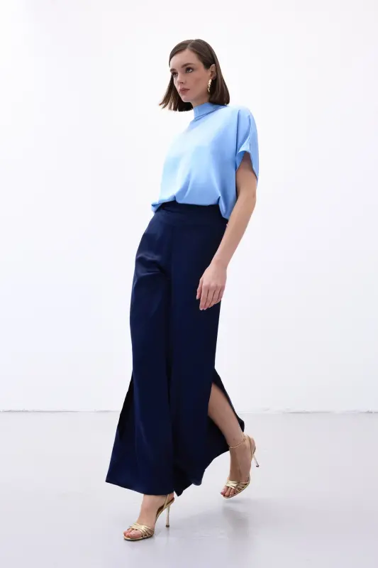 Slit Detailed Satin Trousers - Navy Blue-Navy Blue - 5