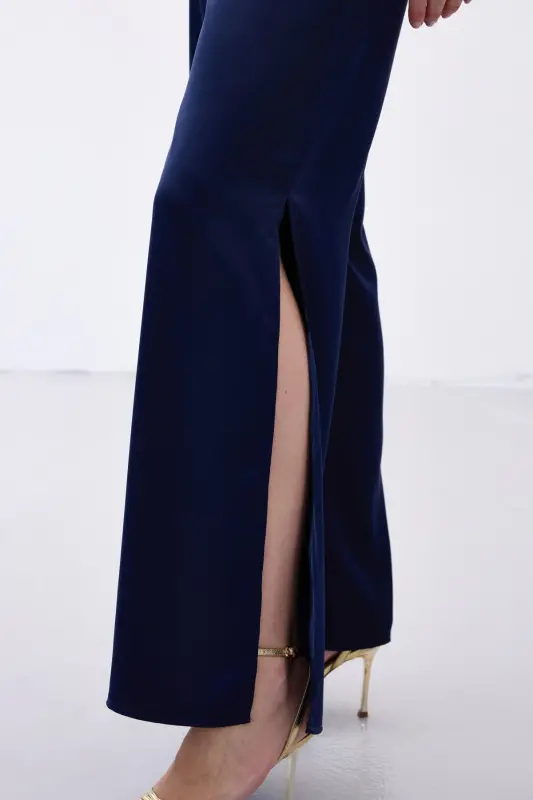 Slit Detailed Satin Trousers - Navy Blue-Navy Blue - 6