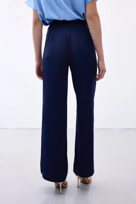 Slit Detailed Satin Trousers - Navy Blue-Navy Blue - 8
