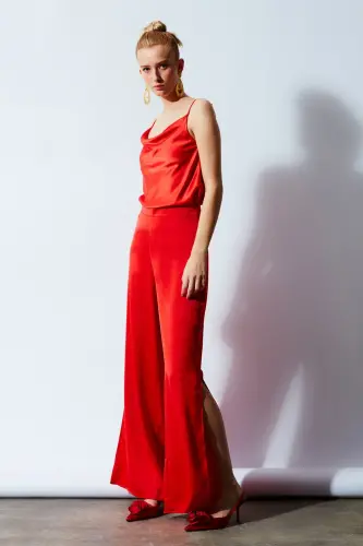 Slit Detailed Satin Trousers - Orange-ORANGE 