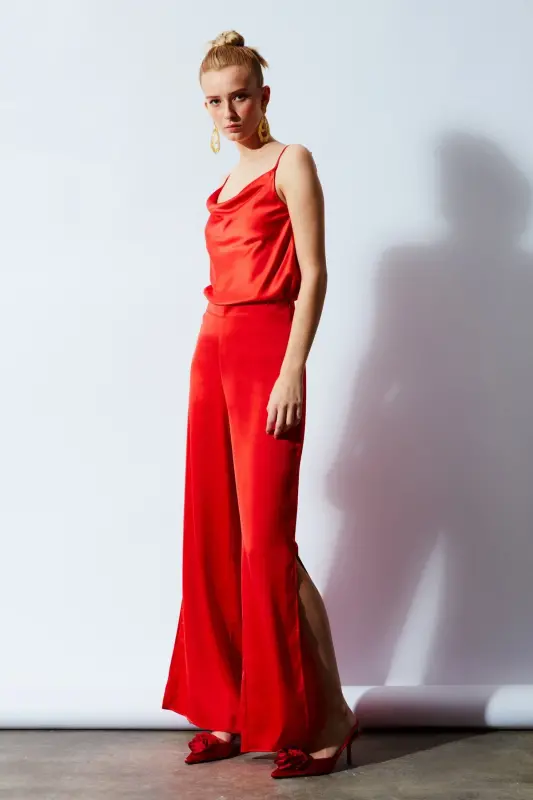 Slit Detailed Satin Trousers - Orange-ORANGE - 1