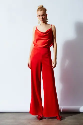 Slit Detailed Satin Trousers - Orange-ORANGE - 3