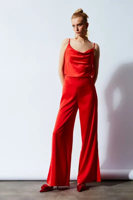 Slit Detailed Satin Trousers - Orange-ORANGE - 4