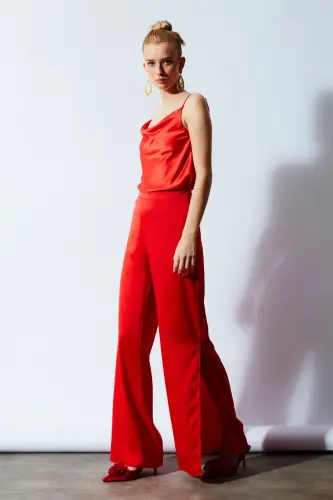 Slit Detailed Satin Trousers - Orange-ORANGE - 5