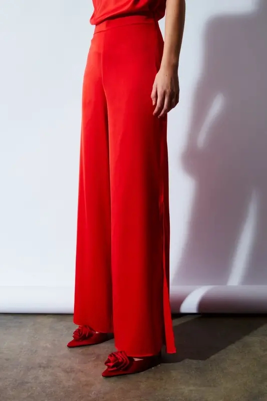 Slit Detailed Satin Trousers - Orange-ORANGE - 6