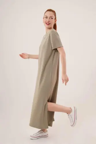 Slit Detailed Short Sleeve Loose Fit Maxi Petrol Dress - 3