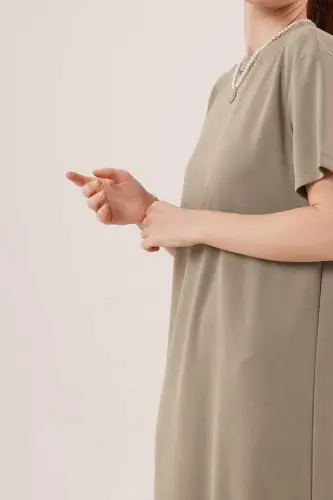 Slit Detailed Short Sleeve Loose Fit Maxi Petrol Dress - 4