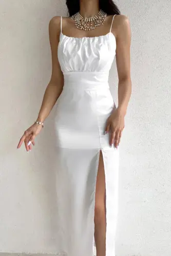 SLIT DETAILING STRAP SATIN DRESS-WHITE - 3