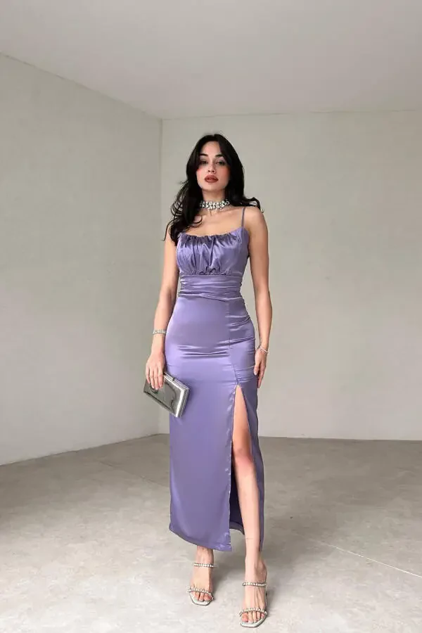 SLIT DETAILING STRAPPY SATIN DRESS-LILAC - 1