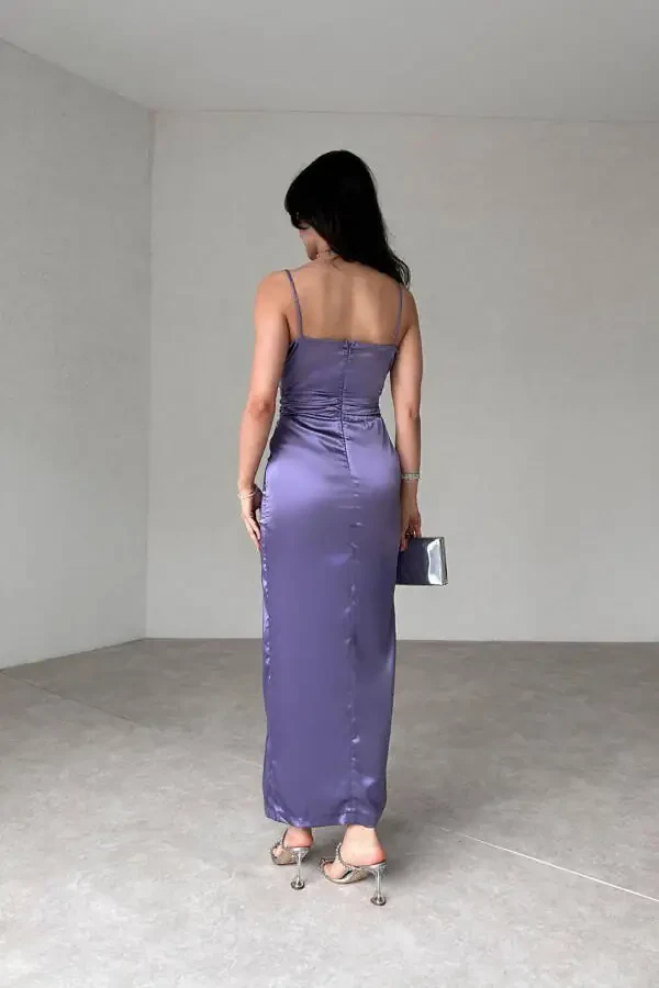 SLIT DETAILING STRAPPY SATIN DRESS-LILAC - 3