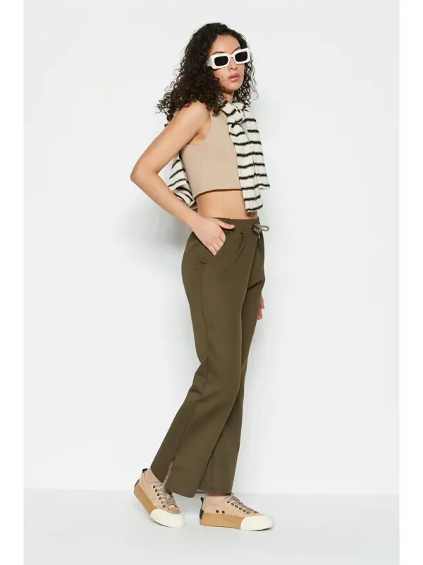 Slit Hem Flare Leggings 843 Khaki-Khaki - 2