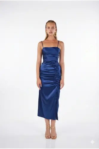 Slit Lined Satin Dipsy Dress Blue-Blue - 1