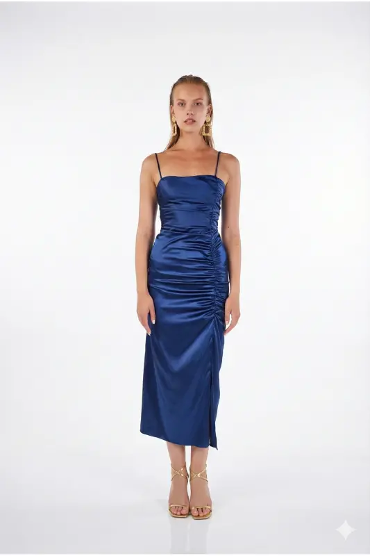 Slit Lined Satin Dipsy Dress Blue-Blue - 1