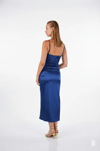 Slit Lined Satin Dipsy Dress Blue-Blue - 3