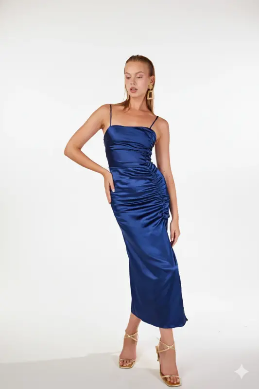 Slit Lined Satin Dipsy Dress Blue-Blue - 5