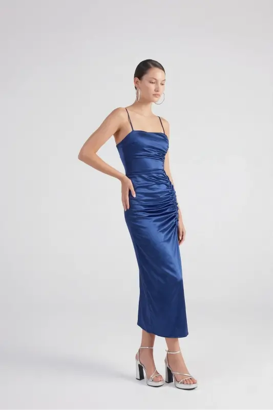 Slit Lined Satin Dipsy Dress Blue-Blue - 4