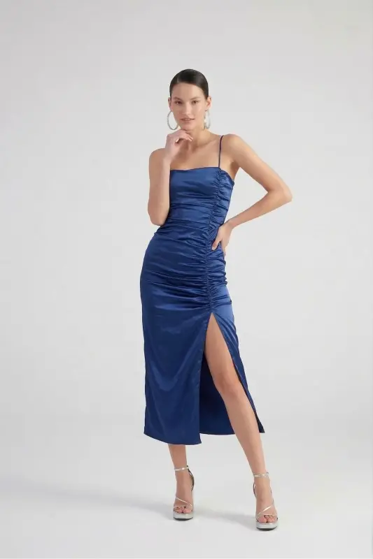 Slit Lined Satin Dipsy Dress Blue-Blue - 5