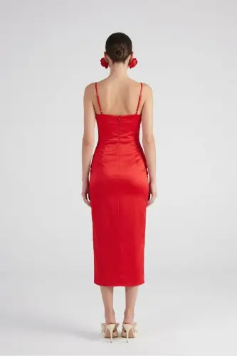 Slit Lined Satin Dipsy Dress Red - 4