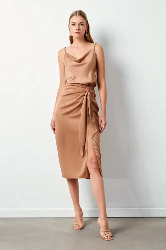 Slit Satin Skirt - Camel-CAMEL - 2