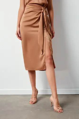 Slit Satin Skirt - Camel-CAMEL - 4