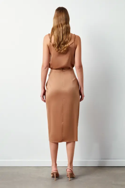 Slit Satin Skirt - Camel-CAMEL - 5